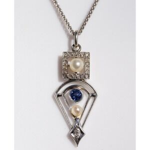 Antique Edwardian Art Deco Platinum Real Pearl Blue Sapphire Diamond Pendant